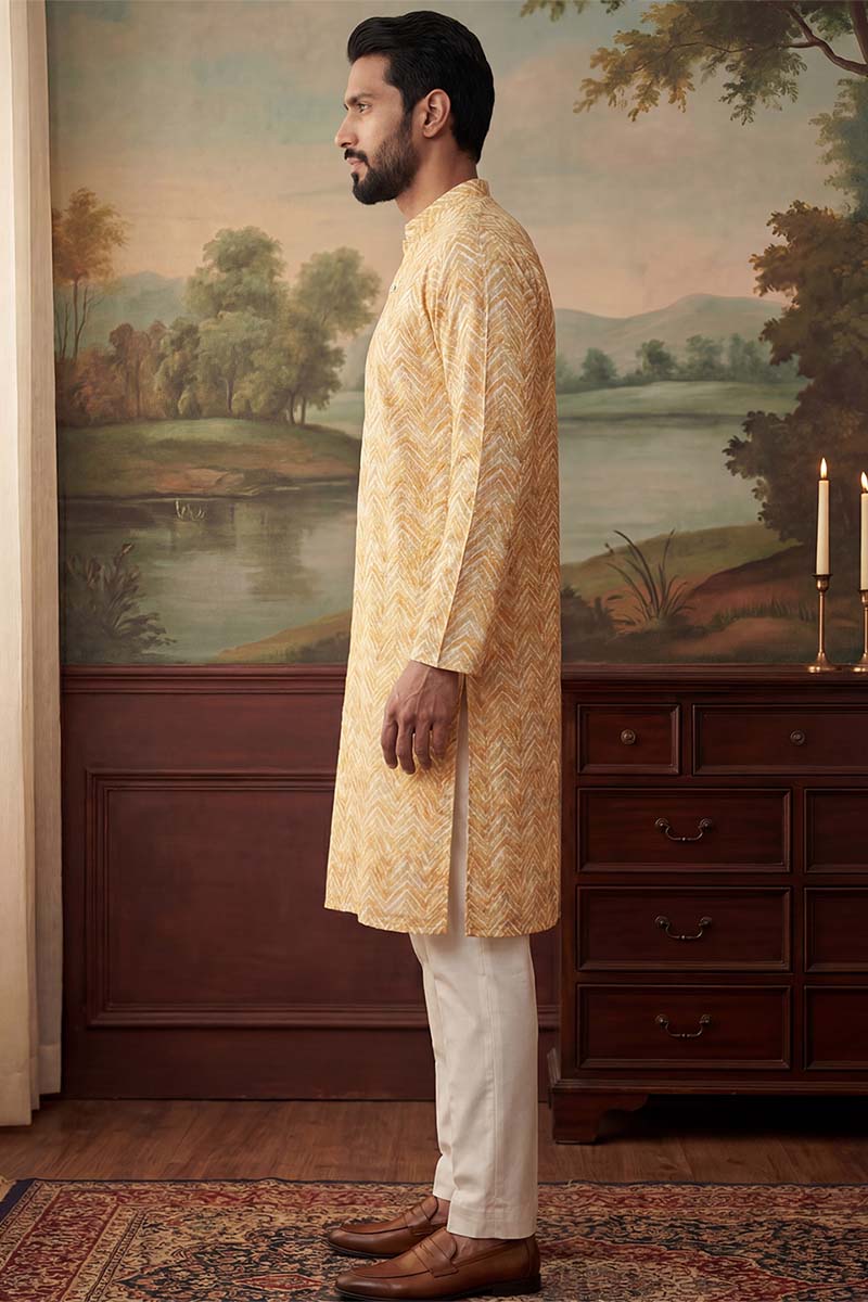 Yellow  Linen Printed Straight Kurta With Trousers MKSET2066