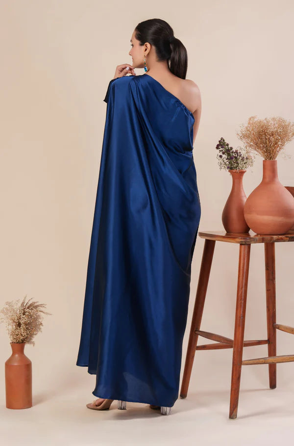 MUSH - Women Stylist Maroon Red One Shoulder Pleated And Drape Style Satin Gown