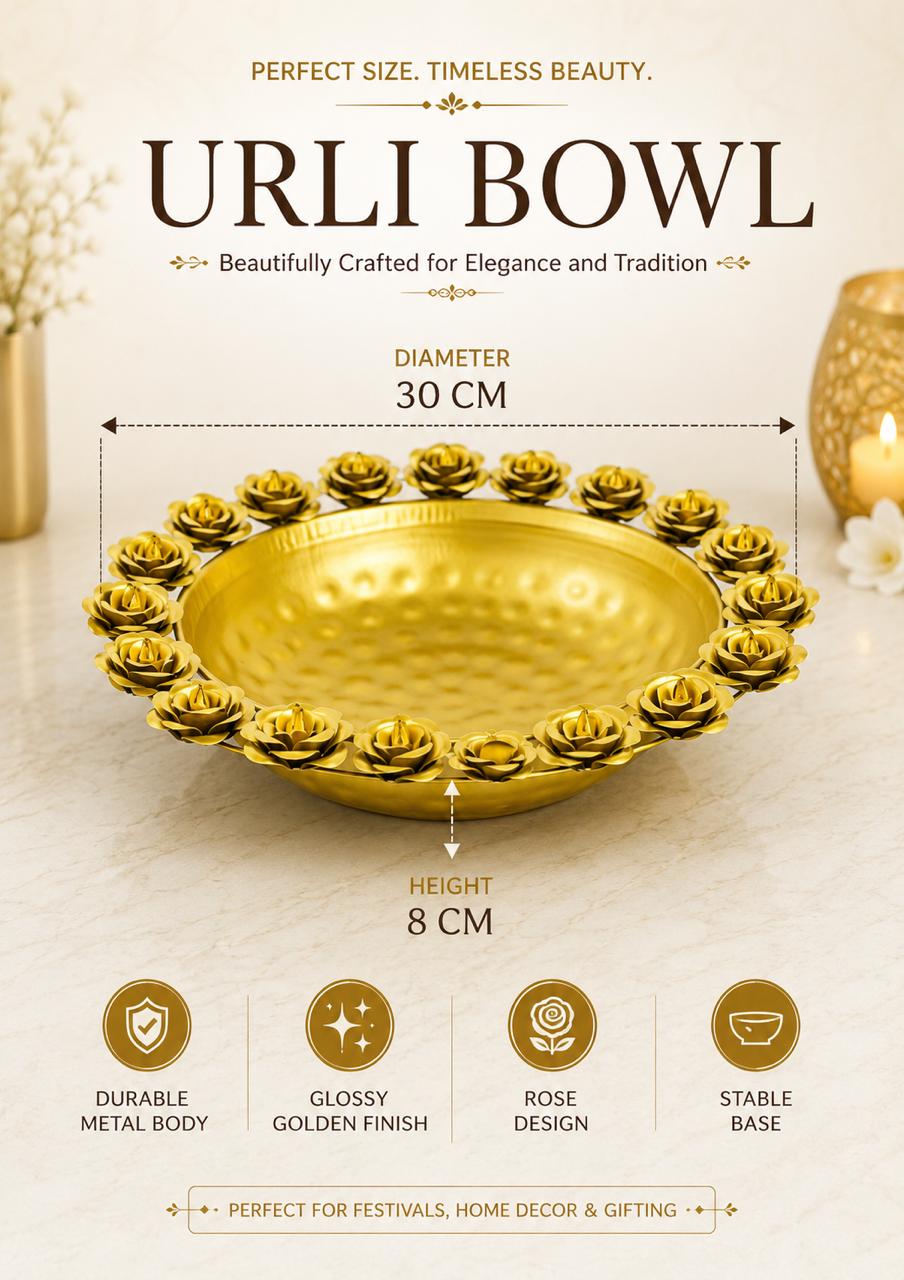 premium metal urli bowl with rose diya holders decorative floating flower urli for water candles tea lights traditional pooja urli for diwali home decor wedding festive decoration