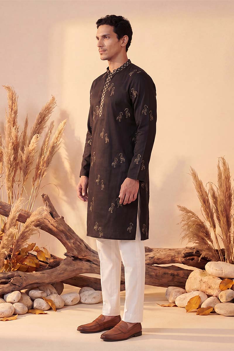 Mens Black Silk Blend Solid Embroidered Kurta With Trousers MKSET1817