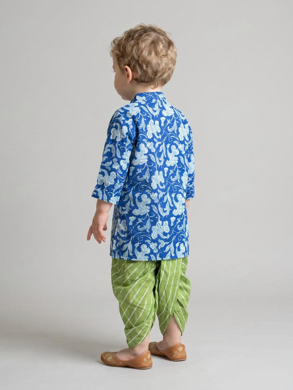 Boys Blue Floral Print Kurta with Green Dhoti Pants Set ILBKS59