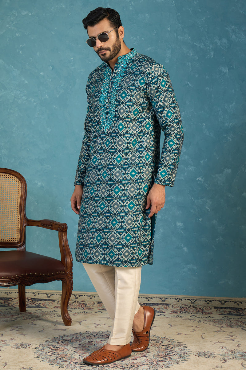 Mens Sea Green Silk Blend Ethnic Motifs Ikat Printed Kurta MKU1893