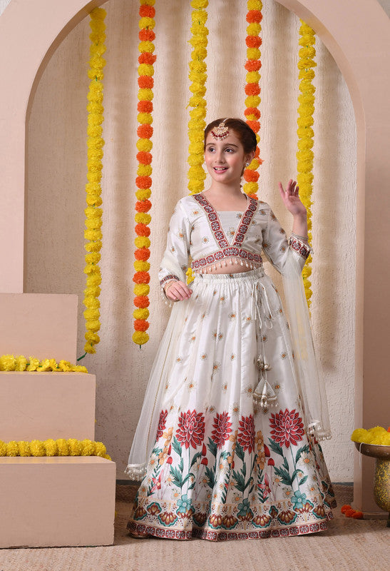 Indi Loom Couture Girls Off White Floral Printed Lehenga Choli with Net Dupatta ILLCD38