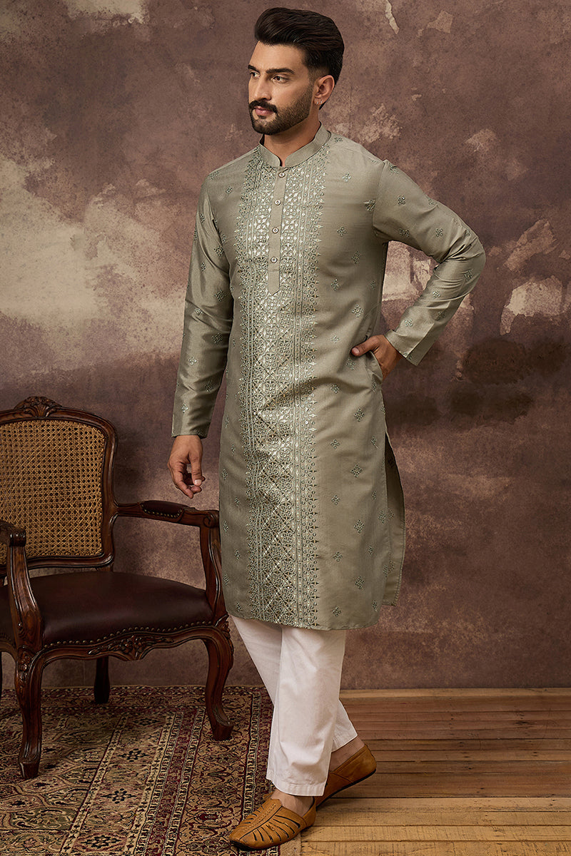 Mavue Silk Blend Solid Embroidered Straight Kurta with Trouser