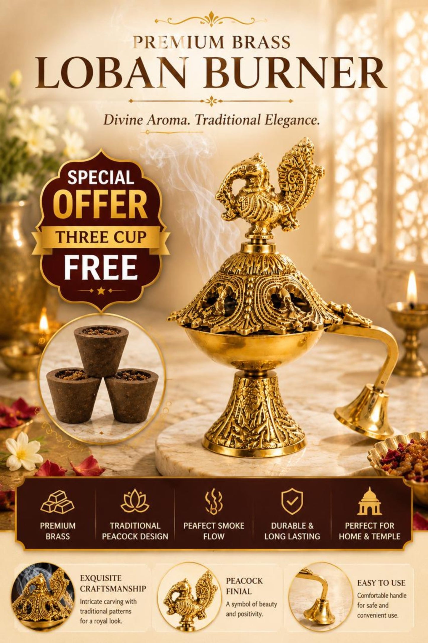 premium peacock brass incense burner with handle handcrafted brass dhoop dani for sambrani loban dhoop cups resin incense decorative pooja dhuni burner for home temple