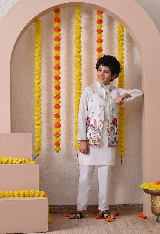 Indi Loom Couture Boys White Kurta Pyjama with Printed Jacket Set ILBKSJ27