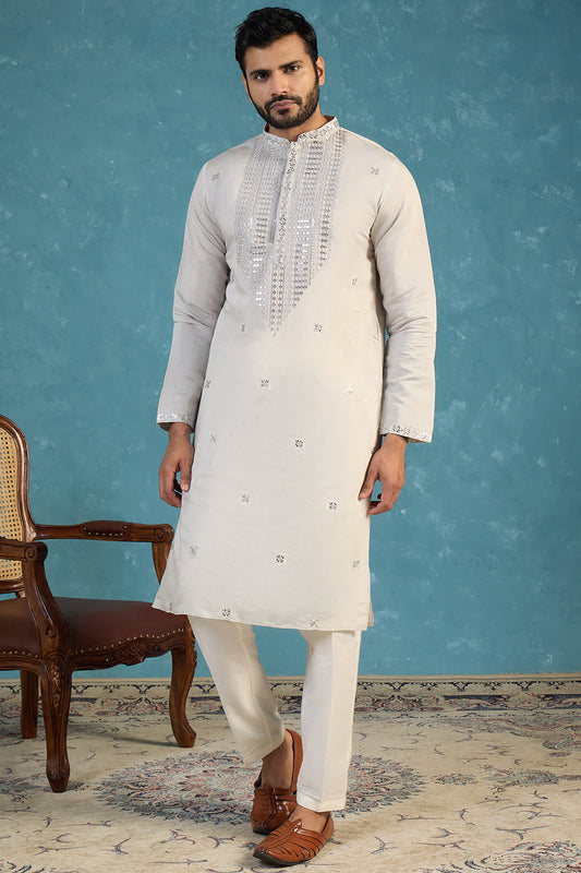 Mens Grey Silk Blend Solid Emboidered Sequins Kurta With Trouser MKSET2280
