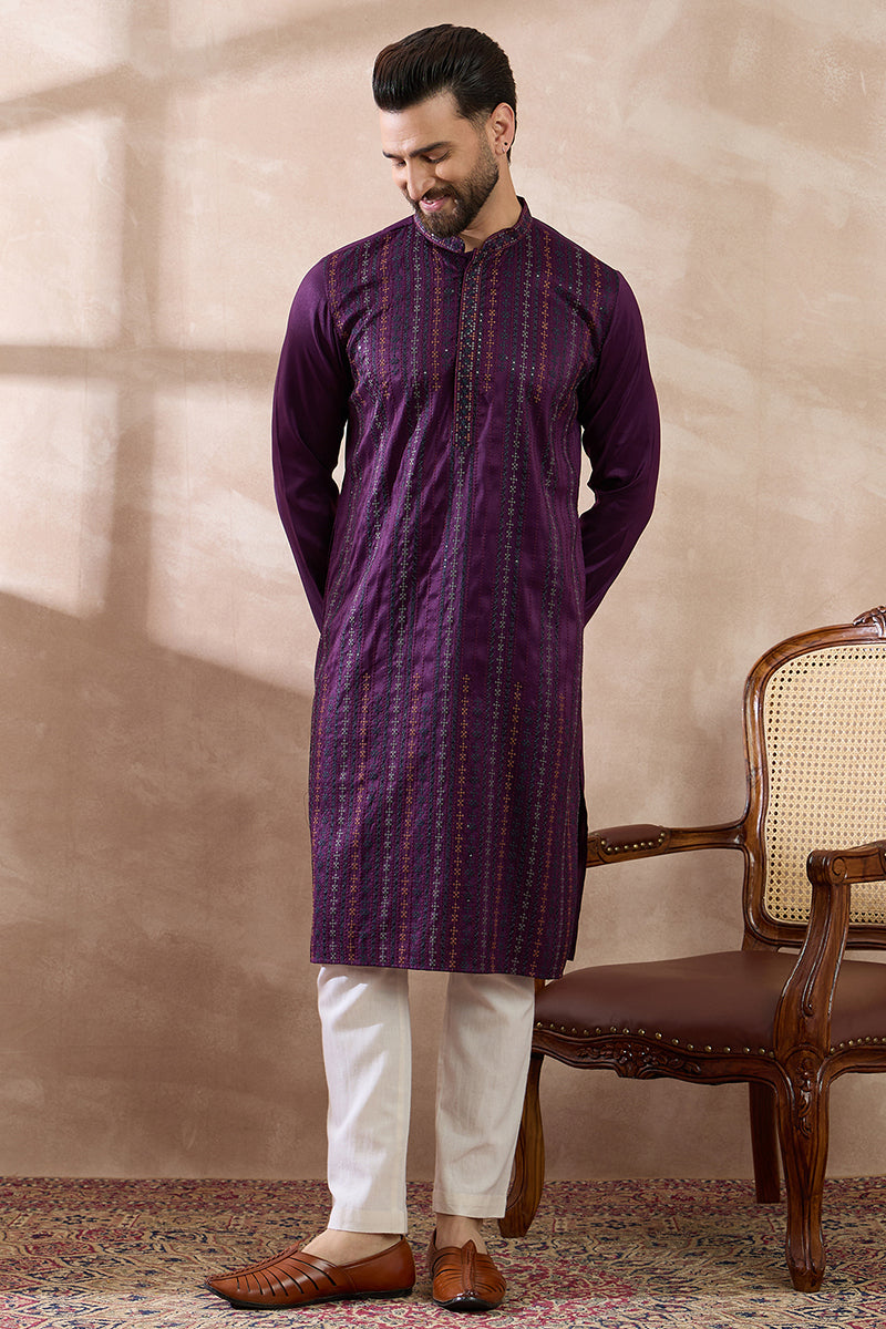 Purple Silk Blend Embroidered Mandarin Collar Straight Kurta MKU2038