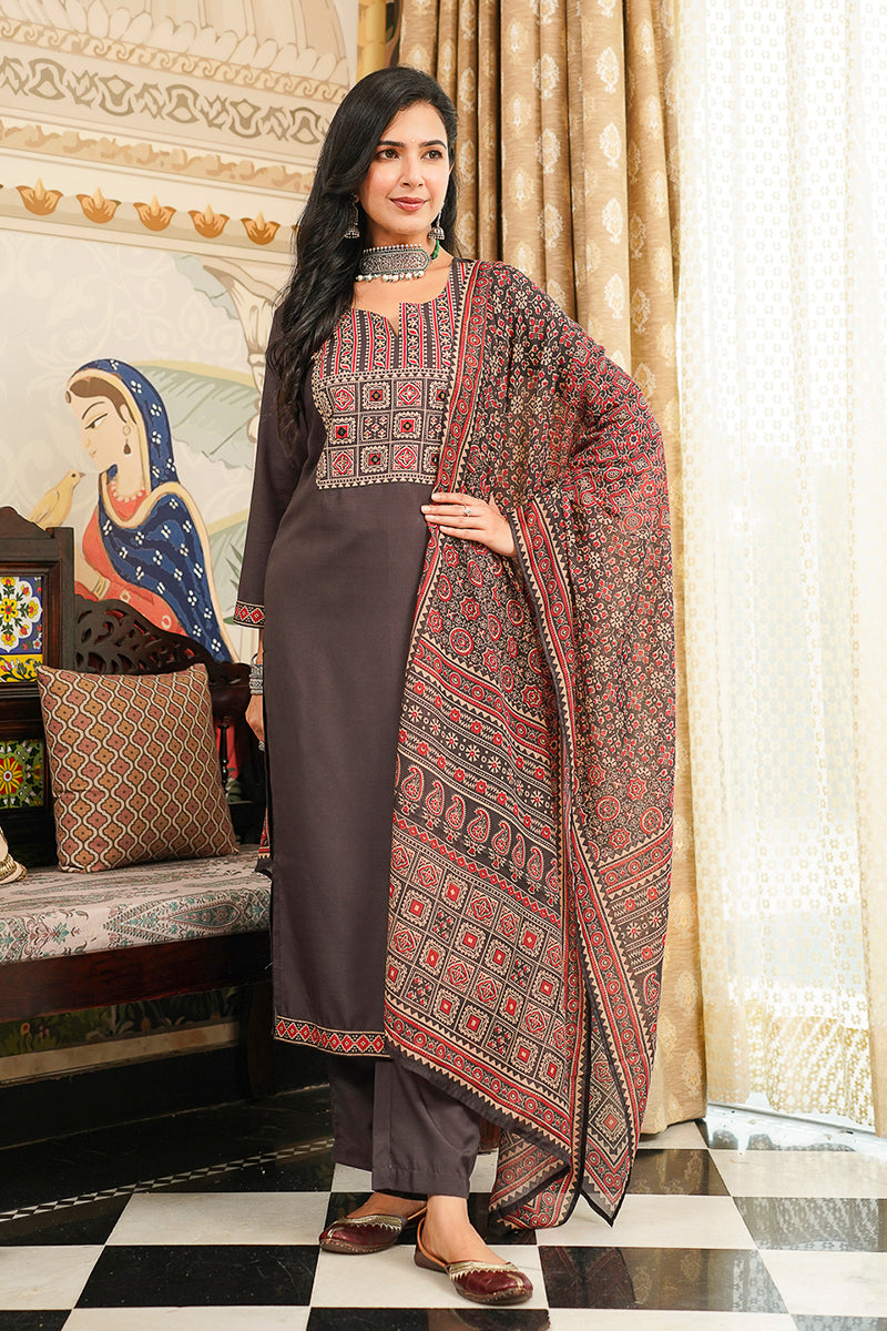 black rayon blend ajrakh printed straight kurta trousers with dupatta 