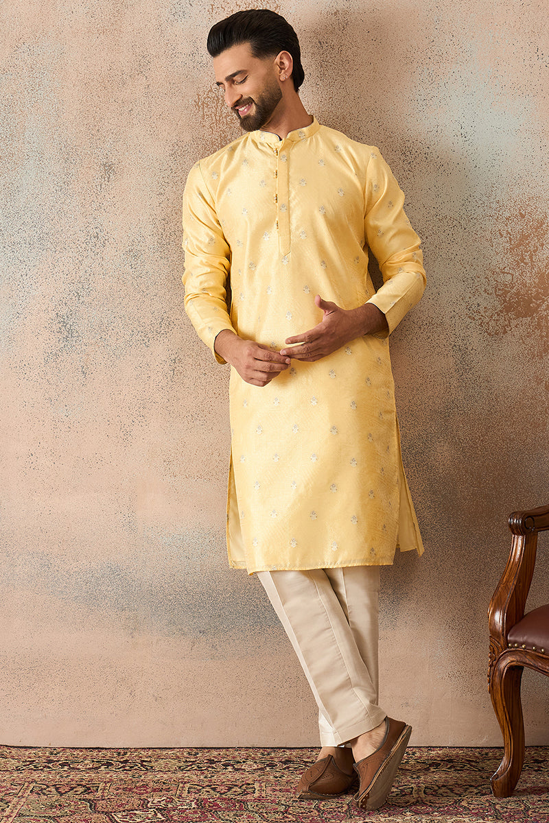 Mens Yellow Silk Blend Floral Straight Kurta MKU2216