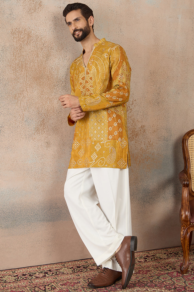 Mens Mustard Silk Blend Ethnic Motifs Embroidered Kurta With Trouser MKSET2456