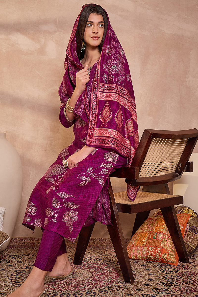 purple silk blend floral printed straight kurta trouser with dupatta