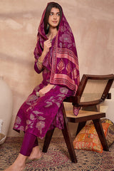 purple silk blend floral printed straight kurta trouser with dupatta