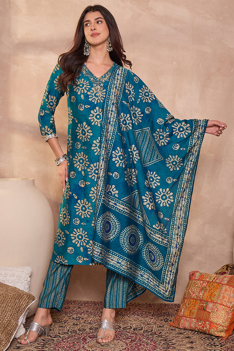 blue cotton blend abstract printed straight kurta trouser with dupatta vkskd3212