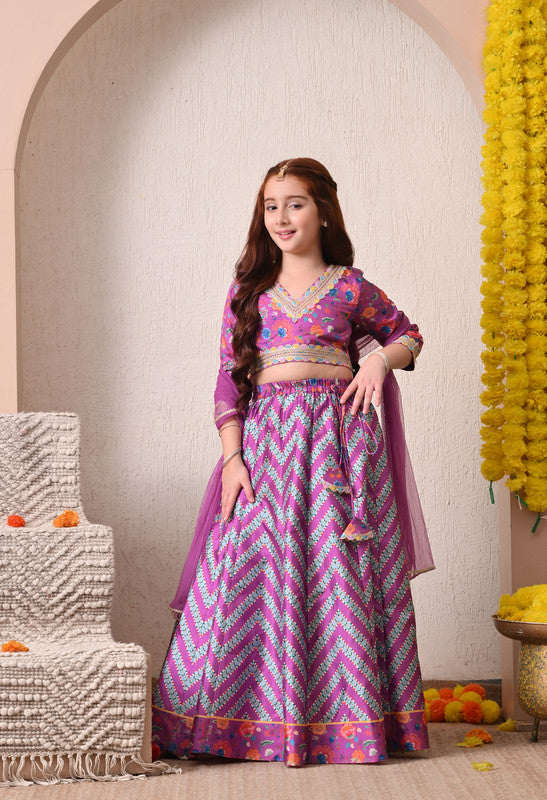 Indi Loom Couture Girls Purple Printed Lehenga Choli with Dupatta ILLCD31