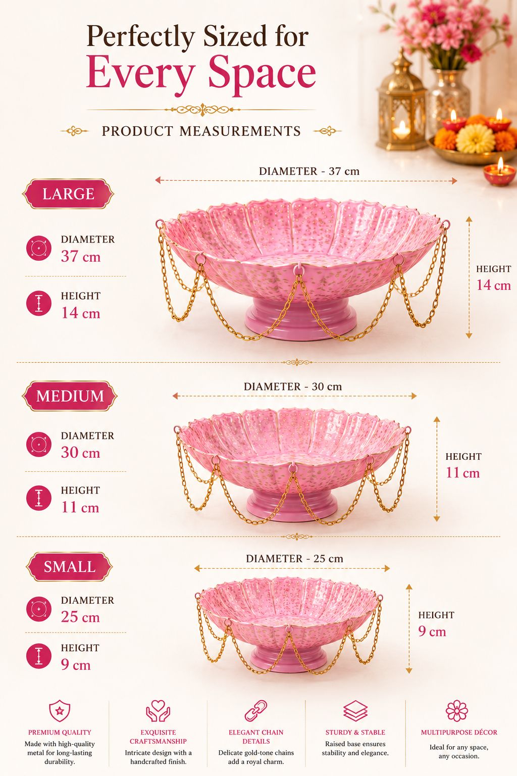 premium pink lotus urli bowl set of 3 with decorative chain handcrafted metal floating flower bowls for water candles tea lights decorative urli for diwali wedding pooja home decor