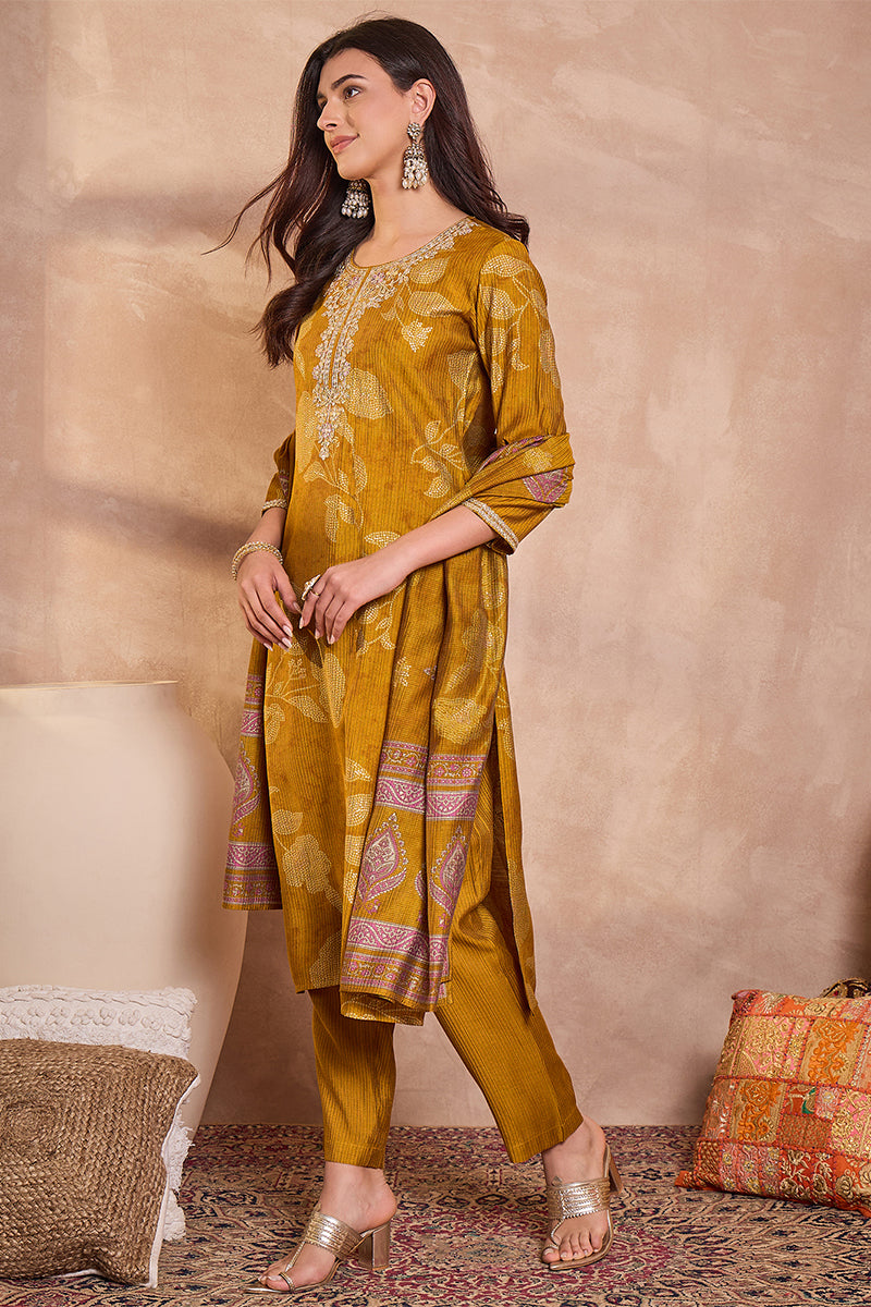 mustard silk blend floral printed straight kurta trouser with dupatta