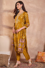 mustard silk blend floral printed straight kurta trouser with dupatta