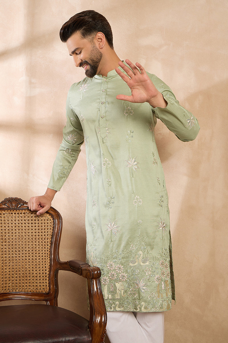 Olive Silk Blend Solid Embroidered Straight Kurta MKU1682