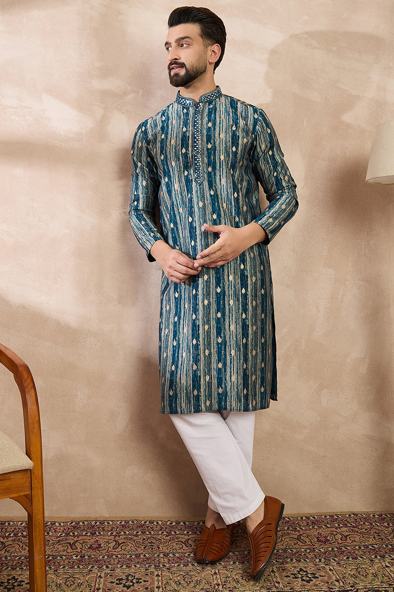 Turquoise Blue Silk Blend Abstract Printed Straight Kurta MKU2005
