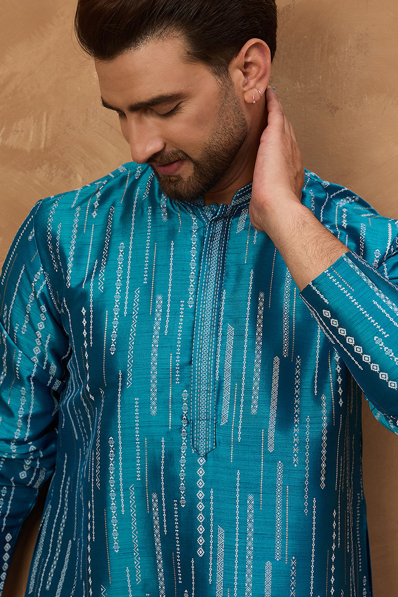 blue silk blend geometric printed straight kurta