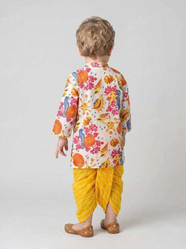 Boys White & Yellow Printed Kurta with Dhoti Pants ILBKS60