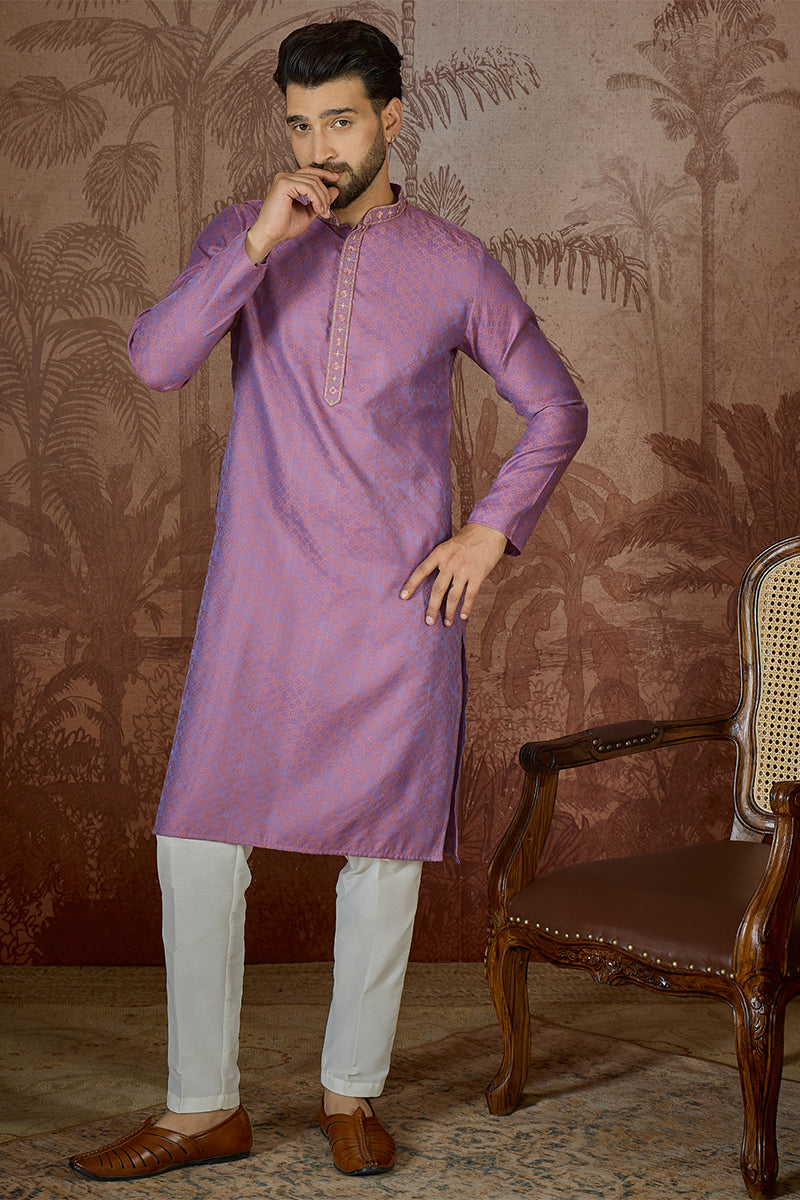 Mens Purple Jacquard Geometric Embroidered Kurta With Trouser MKSET2549