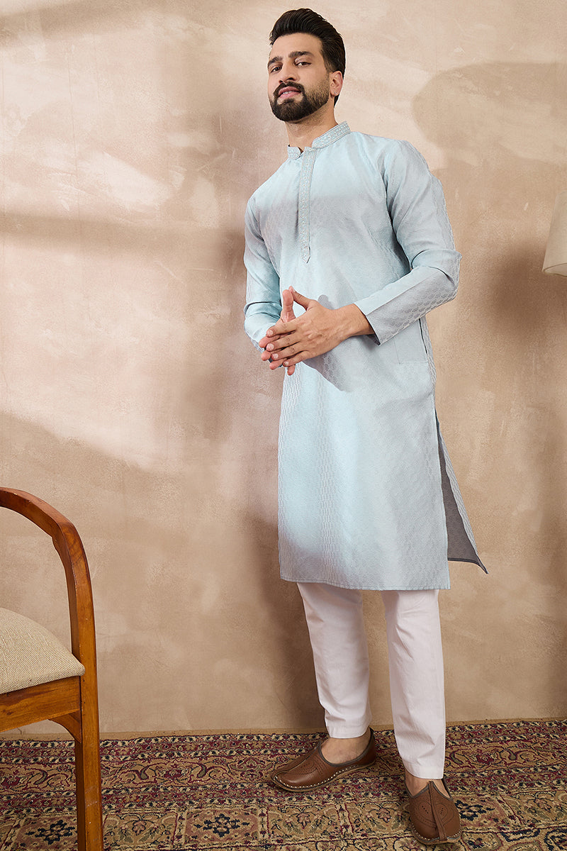 Blue Silk Blend Solid Woven Design Straight Kurta MKU1899