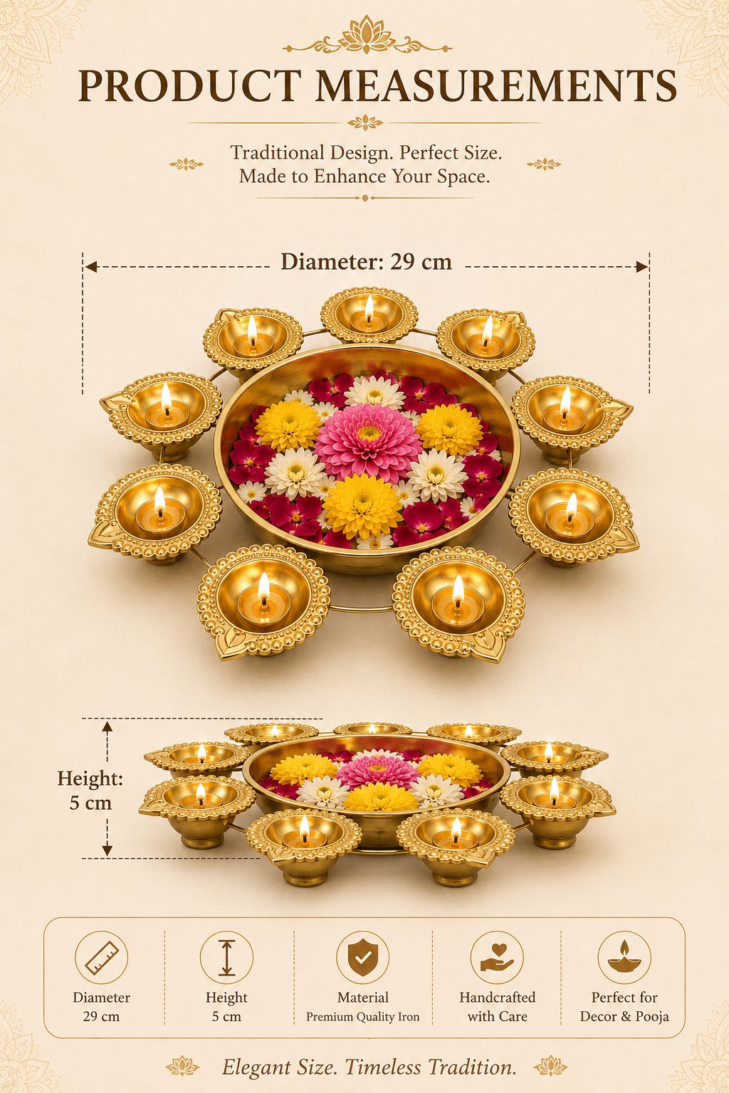 premium iron urli with 8 diya holders decorative metal floating flower bowl for water candles rangoli traditional urli for diwali pooja wedding festivals home decoration