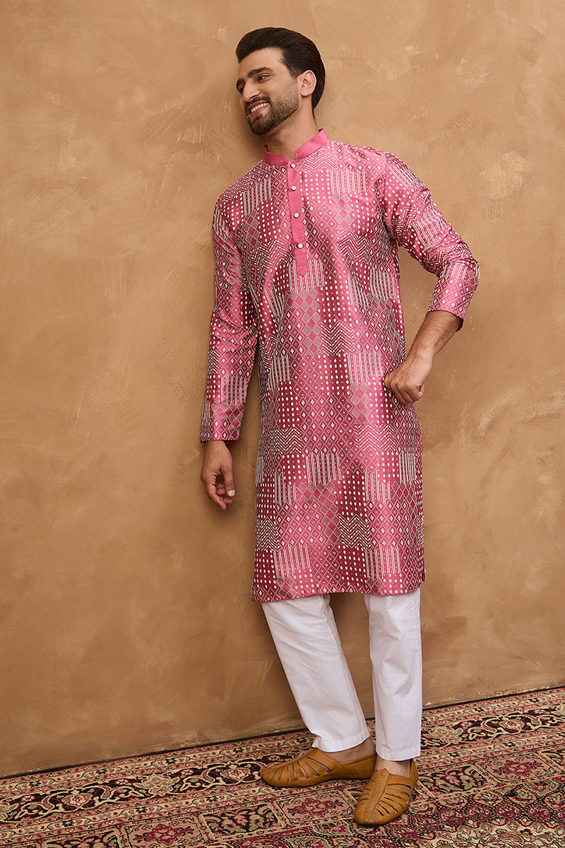 Pink Silk Blend Geometric Printed Straight Kurta MKU1526