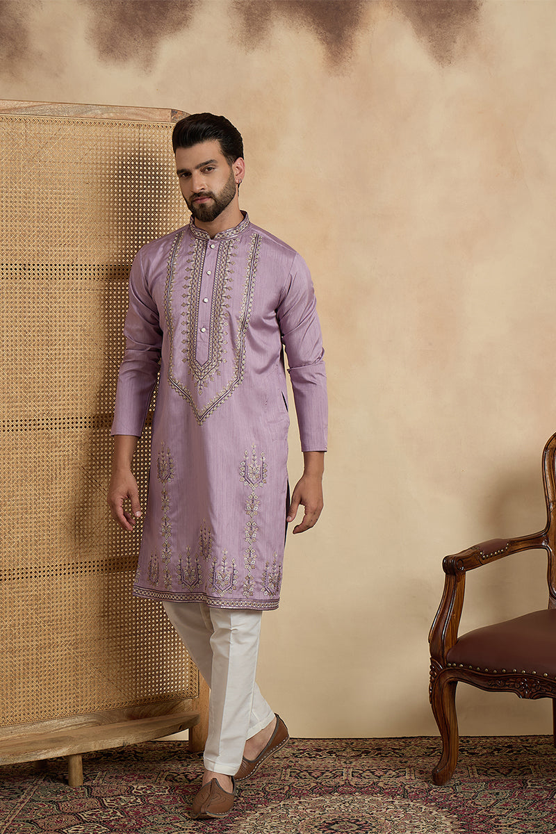 Mens Lavender Silk Blend Solid Embroidered Straight Kurta MKU2527