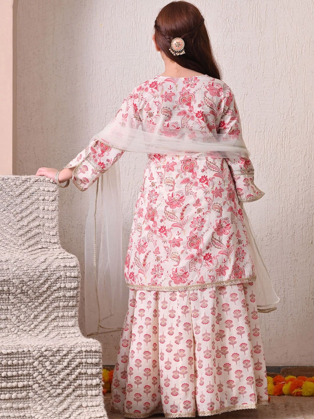 Indi Loom Couture Girls Off White Printed Kurta with Lehenga & Dupatta Set ILLCD34