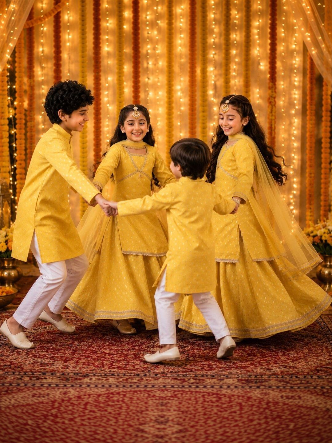 Indi Loom Couture Girls Yellow Chanderi Booti Kurta Skirt with Dupatta Set ILLCD39