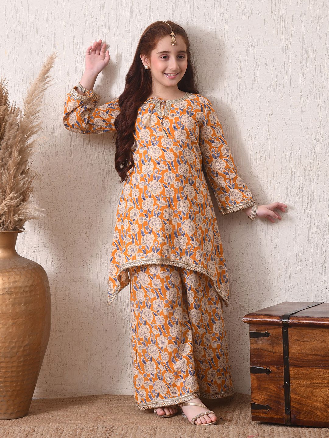 Indi Loom Couture Girls Mustard Floral Printed Kurta with Palazzo Set ILKS78