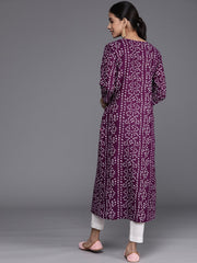 Varanga - Purple And White Bandhani Printed Kurta Gota Embroidery Round Neckline 3/4Th Sleeves Embroidered Buttons Detail"