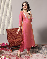 Varanga - Coral Embroidered Straight Kurta With Three-Quarter Sleeves Paired With Tonal Bottom And Dupatta