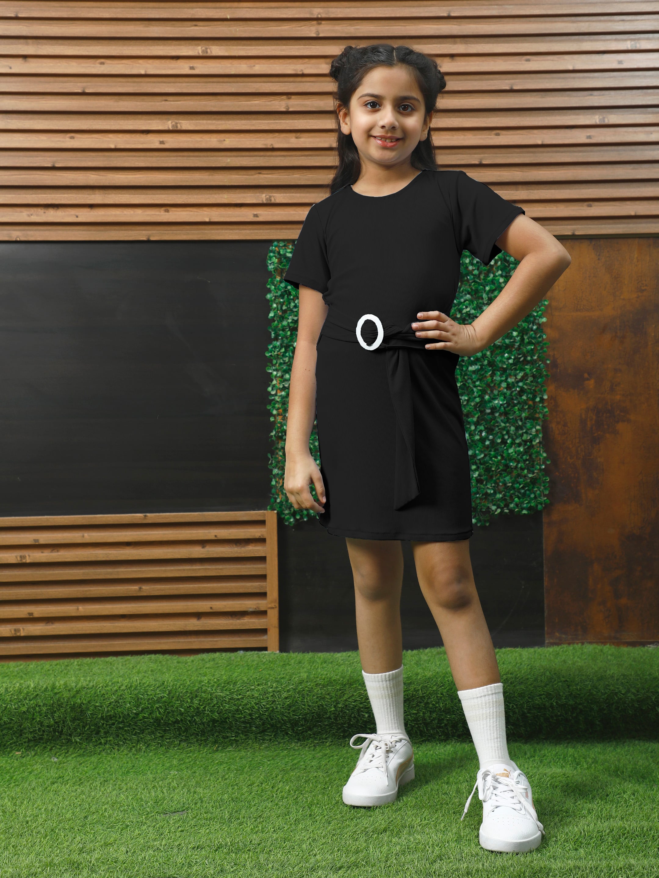 athena black solid rib dress