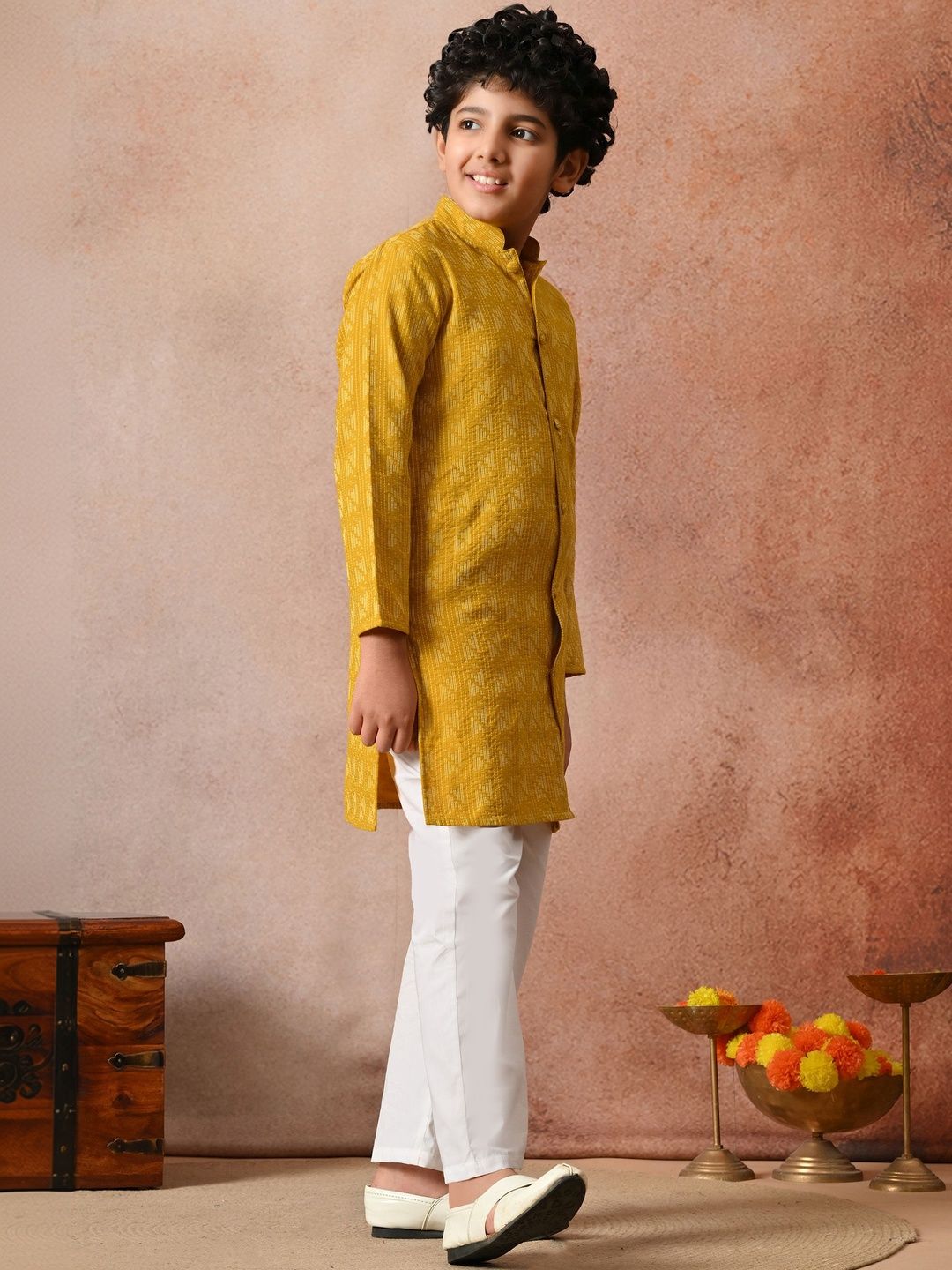 Indi Loom Couture Boys Mustard Yellow Self Design Kurta with Pyjama Set ILBKS35