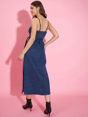 StyleStone Women's Denim Corset Style Padded Maxi Dress
