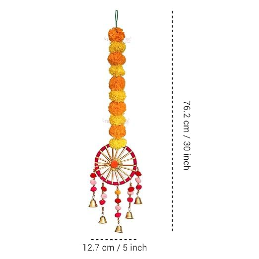Set of 4 Artificial Marigold Flowers Garland Decorations Wall Door Hanging Toran with Bells