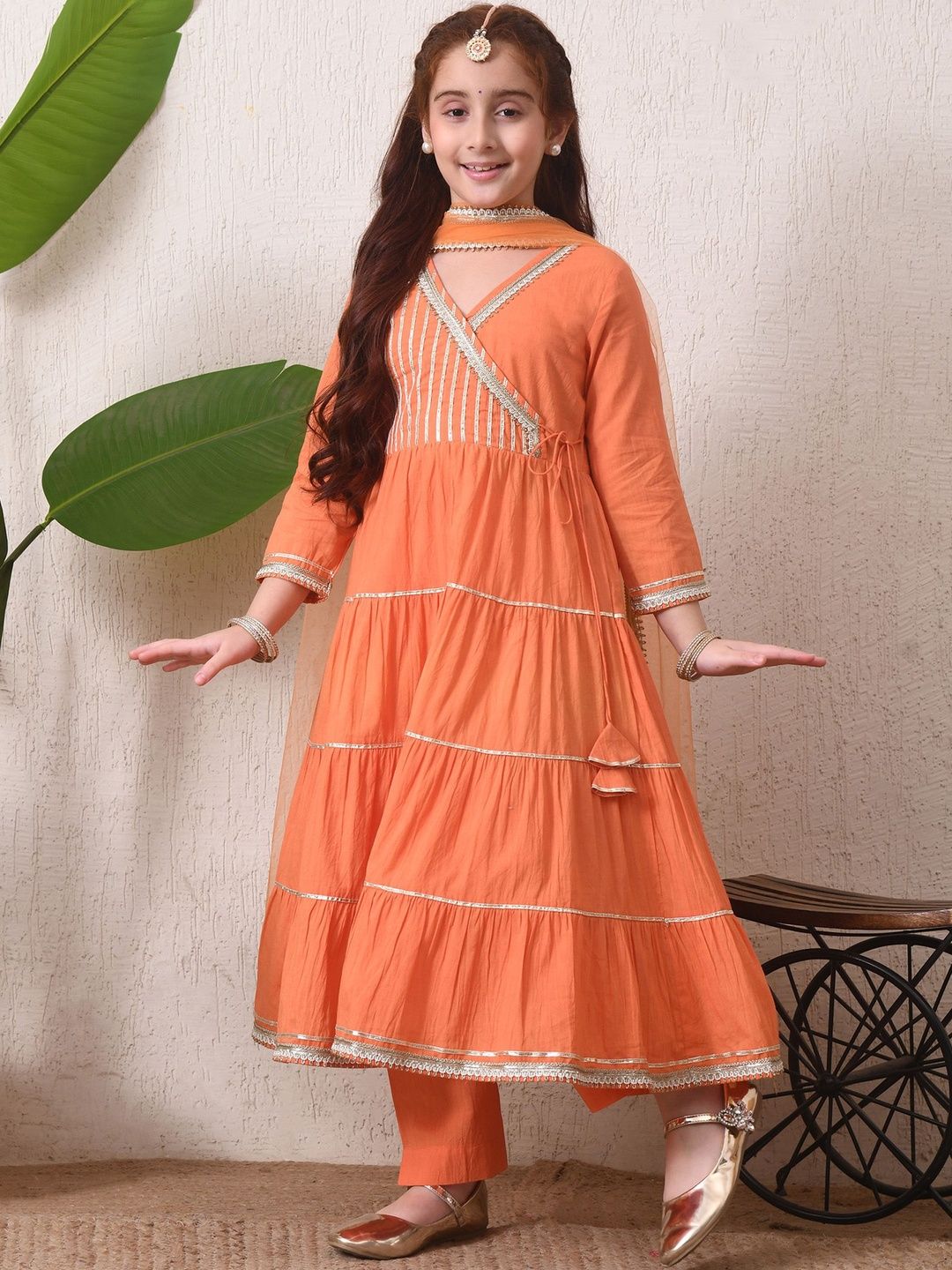 Girls Orange Angrakha Style Kurta Set with Pants & Dupatta ILKSD69