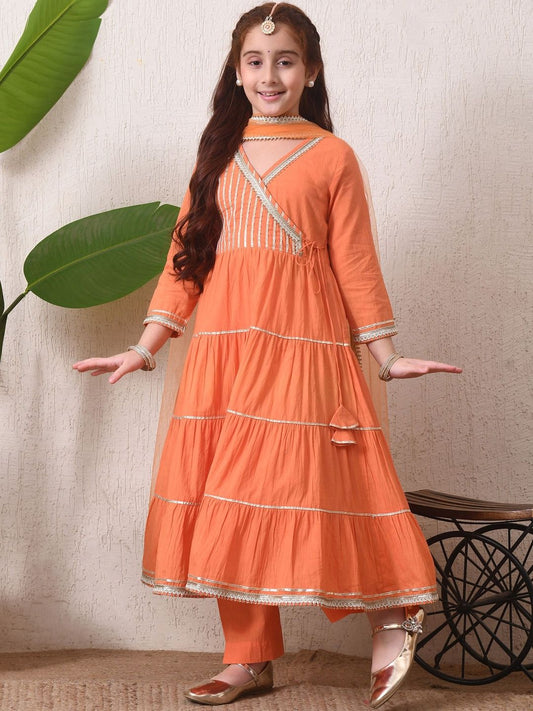 Girls Orange Angrakha Style Kurta Set with Pants & Dupatta ILKSD69