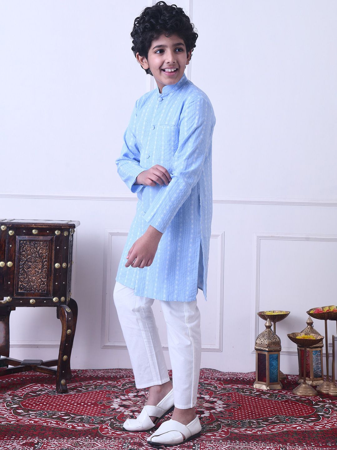 Indi Loom Couture Boys Blue Striped Ethnic Kurta with White Pajama Set ILBKS14
