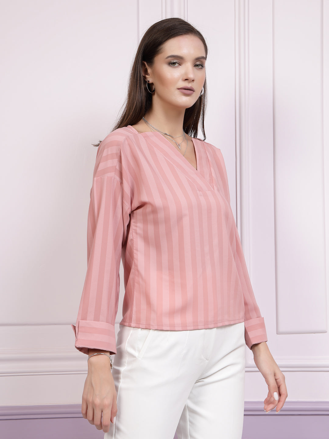 athena checked v neck cuffed sleeves regular top