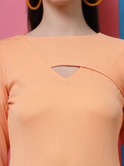 athena peach coloured round neck cut outs detail knitted sheath dress