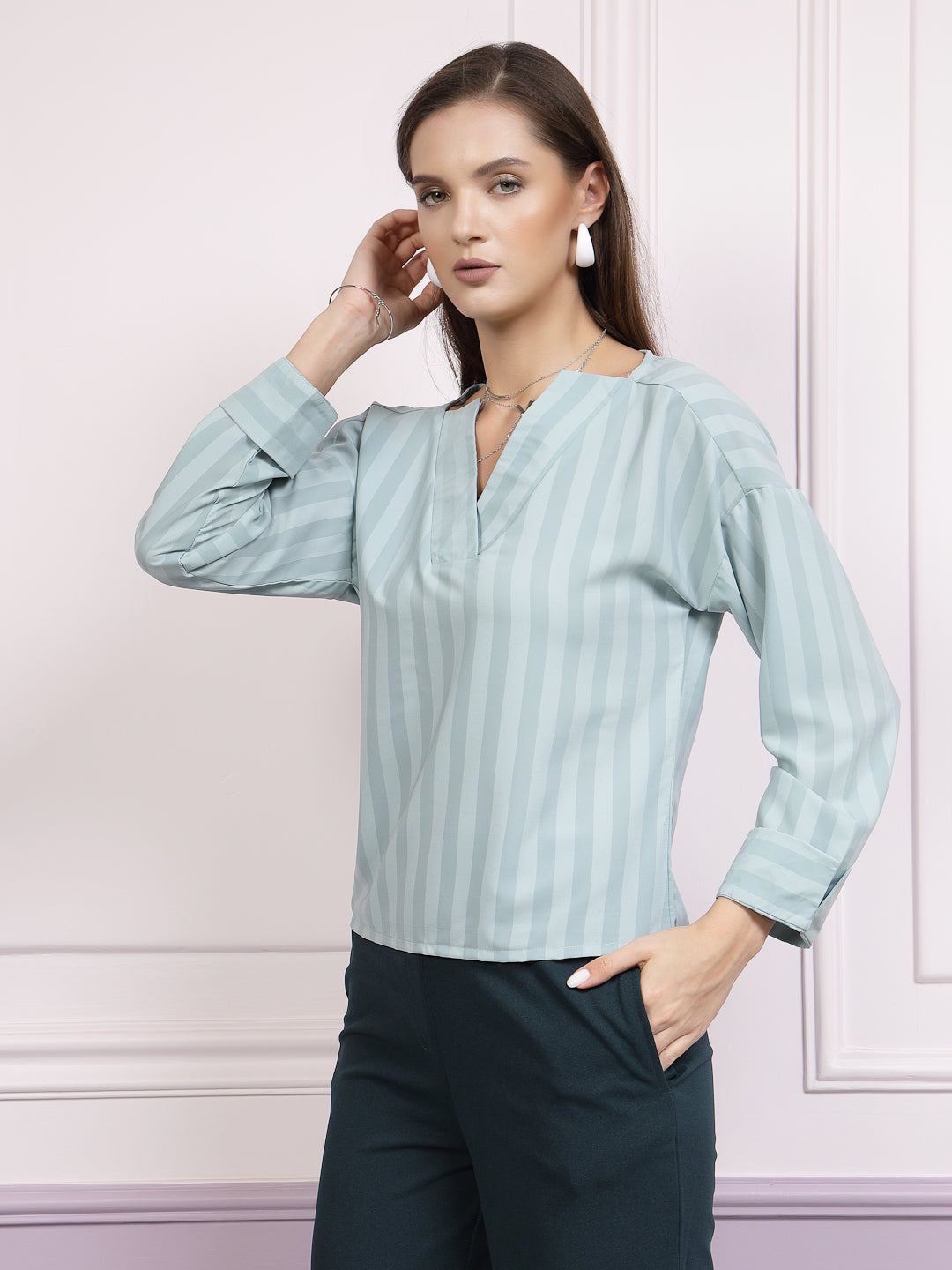 athena teal striped v neck top