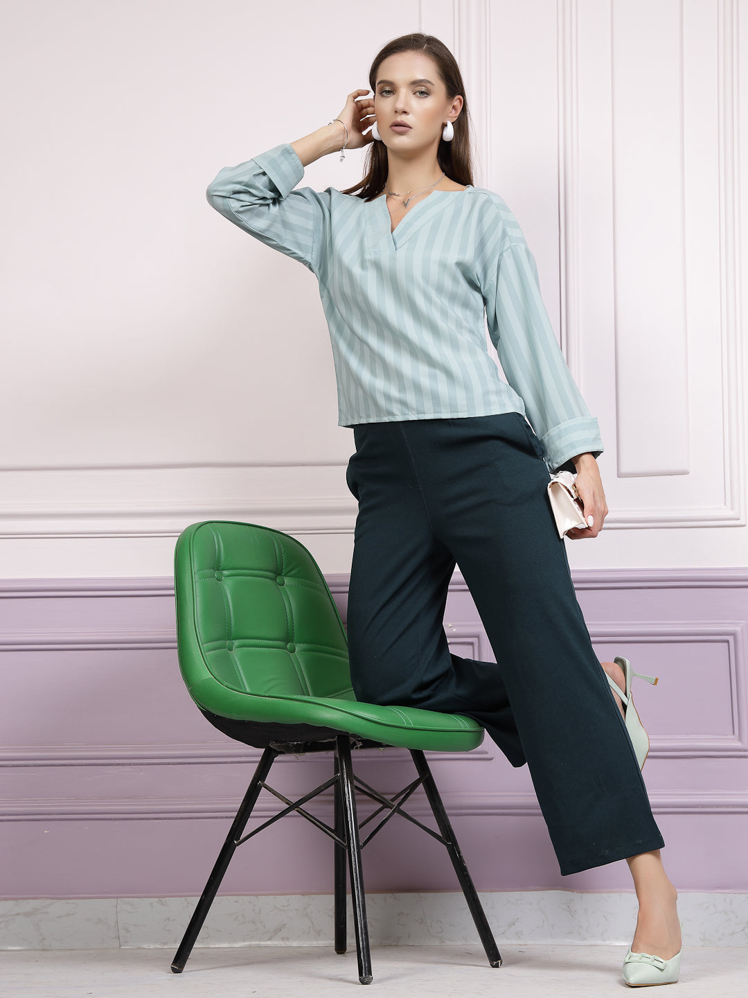 athena teal striped v neck top