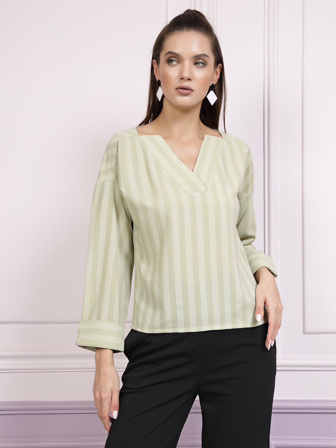 athena green striped notched neck top