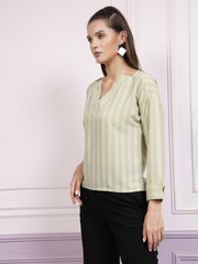 athena green striped notched neck top