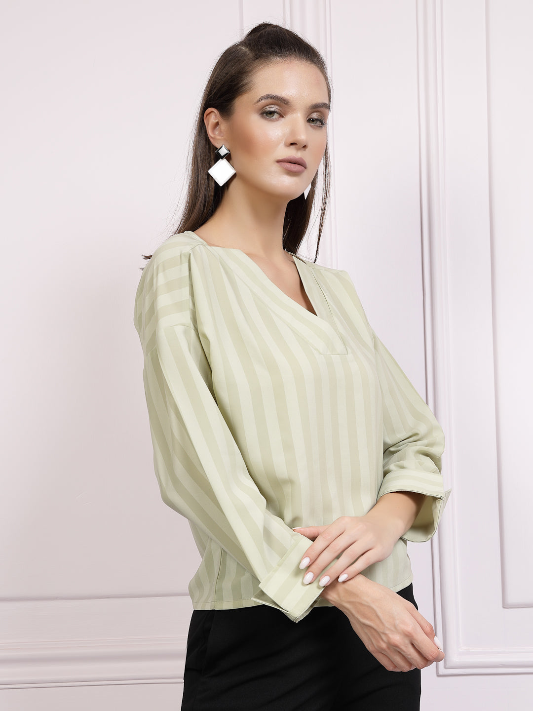 athena green striped notched neck top